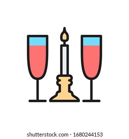 Two glasses with candle, romance flat color line icon.