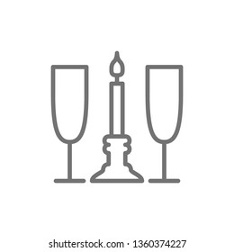 Two glasses with candle, romance line icon.