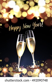 Two glasses of champagne against bokeh lights background. Christmas and New Year celebation card. Vector Illustration