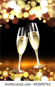 Two glasses of champagne against bokeh lights background. Christmas and New Year celebation card. Vector Illustration