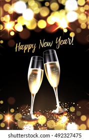 Two glasses of champagne against bokeh lights background. Christmas and New Year celebation card. Vector Illustration