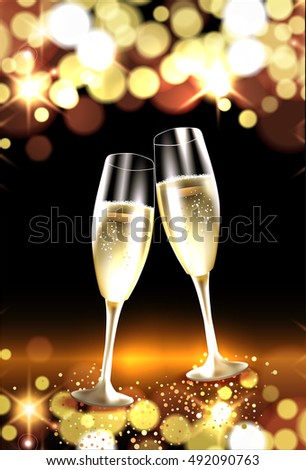 Two glasses of champagne against bokeh lights background. Christmas and New Year celebation card. Vector Illustration