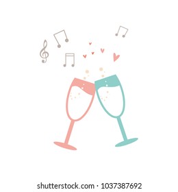 Two glasses of champagne background with space, poster, web, leaflet, magazine. glass cup drink wedding sketch.