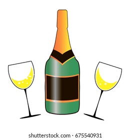 Two glasses of champagne. A bottle of champagne. Concept holiday, New year, celebration. Vector. Illustration.