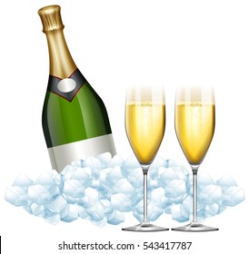 Two glasses of champagne and bottle in ice illustration