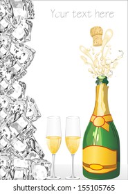 Two glasses of champagne and bottle. Vector illustration