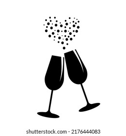 Two glasses of champagne and a bubble heart.