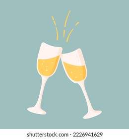 Two glasses of champagne with bubbles in cartoon style. Toast and cheers. Vector illustration isolated on white background