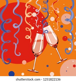 Two glasses with champagne with bubbles and confetti around them. Happy New Year 2019. Vector illustration on orange background