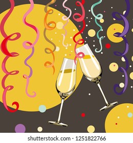 Two glasses with champagne with bubbles and confetti around them. Happy New Year 2019. Vector illustration on grey and yellow background