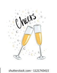 Two glasses of champagne with bubbles and an inscription. White background.