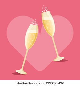 Two glasses of champagne with bubbles isolated on a pink heart background