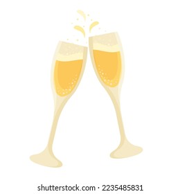 Two glasses of champagne with bubbles on a white background. Festive element for birthday, wedding, party, christmas and new year in flat style
