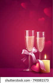 Two glasses of champagne with burning candle on pink background. Beautiful romantic background with place for text for Valentines day. Vetor illustration