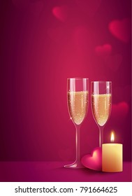 Two glasses of champagne with burning candle on pink background. Beautiful romantic background with place for text for Valentines day. Vetor illustration