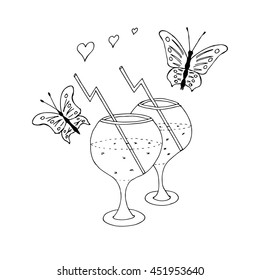 Two glasses with champagne and butterflies. Vector sketch illustration.