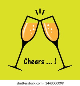 two glasses of champagne cheers flat design yellow background