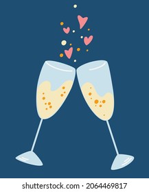 Two glasses of champagne clink. Celebrate concept. Toast, Cheers. Valentine's Day greeting card. Vector cartoon illustration. 