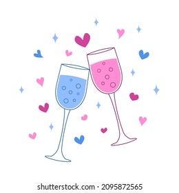 Two glasses of champagne clink. Romantic date or Valentines Day celebration. Toast of couple on holiday. Vector doodle illustration.