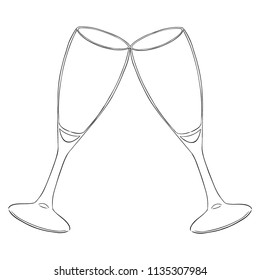 Two glasses with champagne clink glasses with a splash. New year. Contour vector. Isolated.