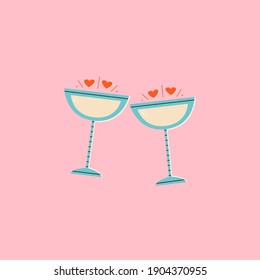 Two glasses of champagne or cocktail, celebrating, making a toast. Vector illustration in trendy cartoon mid century style. 