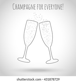 Two glasses of champagne. Concept of invitation to a party, a wedding or holiday. Vector illustration. Contours of glasses with bubbles on a light background with a shadow.