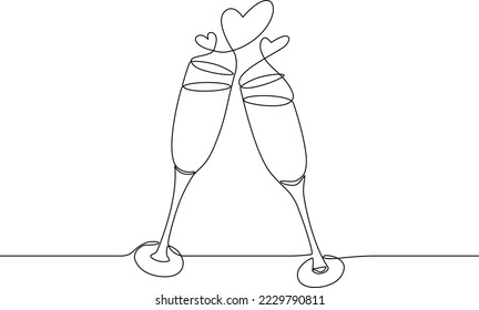 Two glasses of champagne continuous line vector illustration. Congrats, love, dating, wedding or new year concept