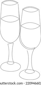 Two glasses with champagne, continuous one line drawing style.Vector illustration.