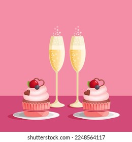 Two glasses of champagne and cupcakes. Love concept, vector illustration