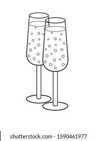 Two glasses of champagne for a date on St. Valentine's Day. Paired glasses with carbonated drink. Wine in glasses - vector linear picture for coloring. Outline. Hand drawing.