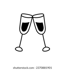 Two glasses of champagne doodle. Simple hand drawn line art toast. Celebration symbol. Alcohol drink. Vector illustration.