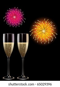 Two glasses of champagne with fireworks exploding behind them
