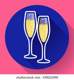 Two glasses of champagne flat icon with long shadow - celebration symbol
