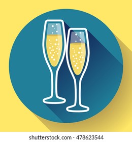 Two glasses of champagne flat icon with long shadow - celebration symbol