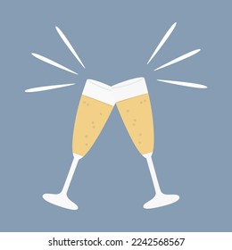 Two glasses of champagne. Flat style vector illustration on blue background. Glasses of Champagne vector illustration