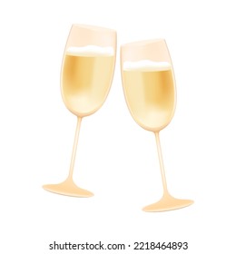 Two glasses of champagne with foam 3D icon. Three-dimensional glass with alcoholic drink for party vector illustration on white background. Alcohol, celebration concept