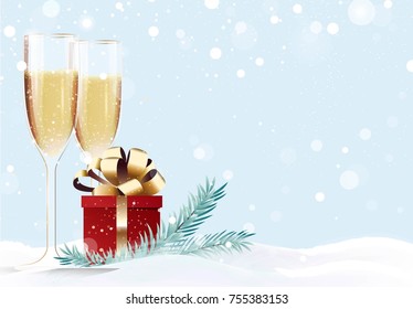 Two glasses of champagne and gift box on snowy background. Happy new year winter background. Vector illustration