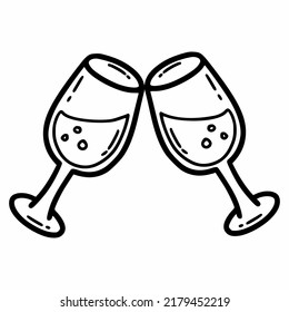 Two glasses of champagne. Glass of wine. Vector doodle illustration. Sketch.