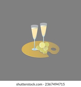 Two glasses of champagne and grapes placed on an artist's palette. Card, print or poster vector design.