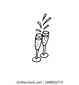 two glasses of champagne, hand drawn, isolated on white background. Doodle vector illustration.