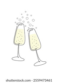 Two glasses of champagne, hand-painted bubbles isolated on a white background, illustration with a line, vector. A graphic modern element for a holiday, wedding, party decoration, Christmas.