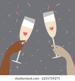 Dos vasos de champán en manos con corazones en un fondo gris