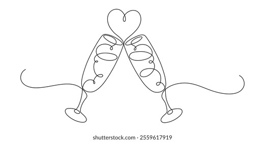 Two glasses of champagne with heart. Love, wedding frame border. Continuous line drawing.