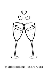 Two glasses of champagne and hearts. Doodle icon is the concept of Valentine's day, a romantic evening. Vector illustration on a white background.