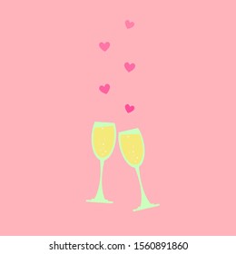 Two glasses of champagne with hearts. Valentine's Day. Flat style. Vector.