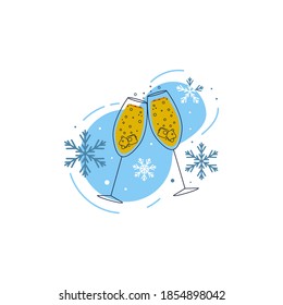Two glasses of champagne hit each other as a sign of a holiday, a toast, the coming of the new year. Winter abstract background, snowflakes, snow, glasses with sparkling wine, ice, gas bubbles.