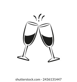 Two glasses of champagne icon. Clink, cheers and toasting. Vector outline and transparent illustration on clear white background.