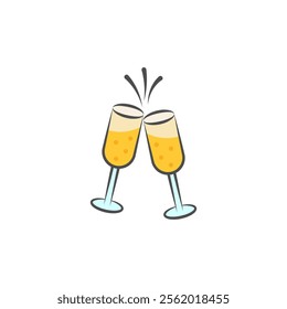 Two glasses of champagne icon. Clink, cheers and toasting. Vector outline illustration on clear white background.