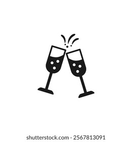 Two glasses of champagne icon. Clink, cheers and toasting. Vector illustration on clear white background.