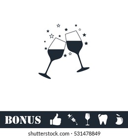 Two glasses of champagne icon flat. Vector illustration symbol and bonus pictogram
